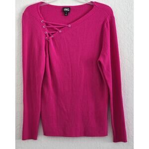 Sweater-INC-International Concepts-Fuchsia-Lace Up Asymmetric Neckline-Size XL